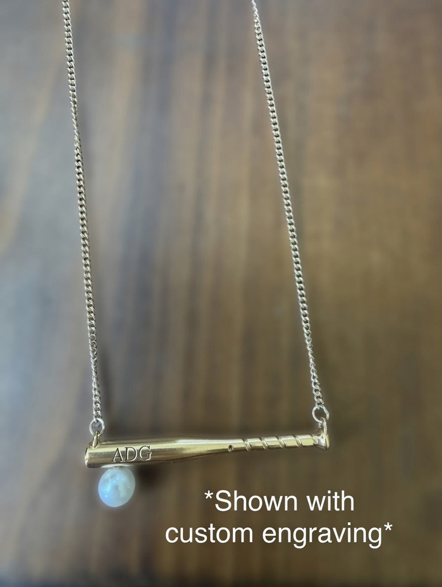 Baseball Bat Pendant with an Akoya Pearl in 14k Yellow Gold or Sterling Silver