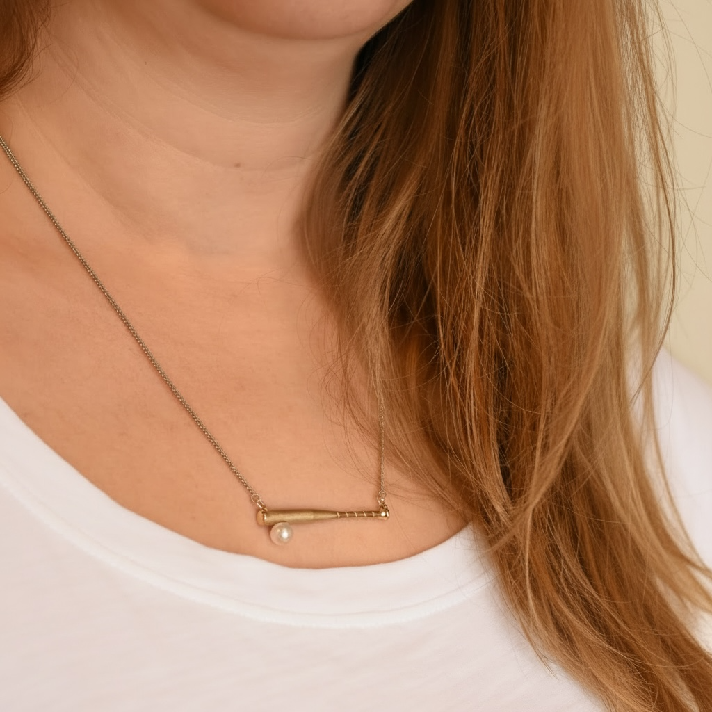 Baseball Bat Pendant with an Akoya Pearl in 14k Yellow Gold or Sterling Silver