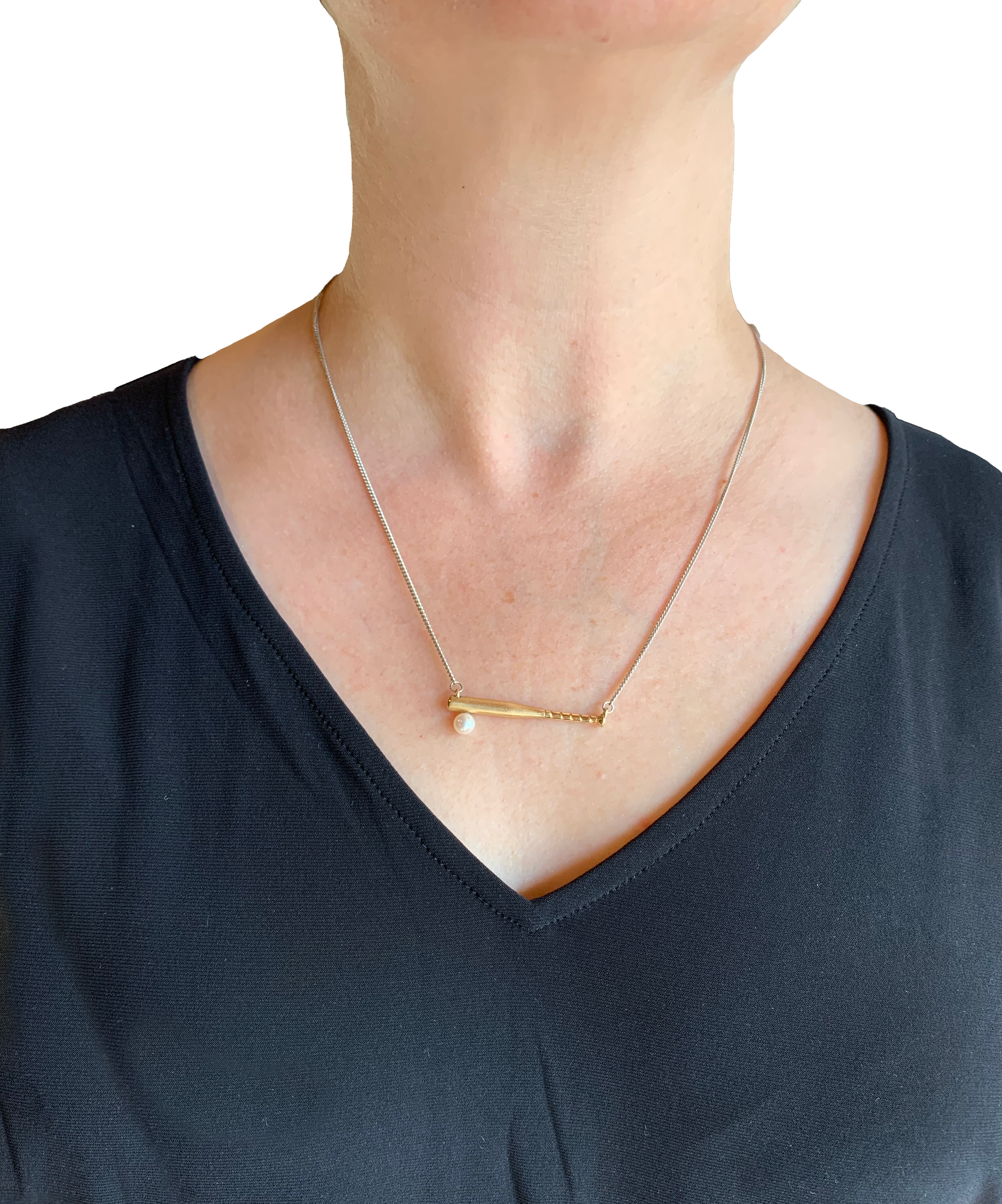 Baseball Bat Pendant in Yellow Gold with an Akoya Pearl