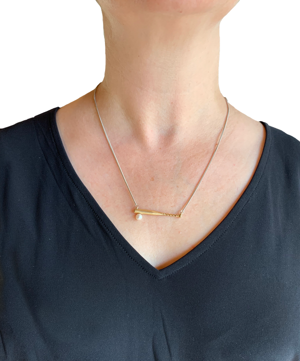 Baseball Bat Pendant in Yellow Gold with an Akoya Pearl