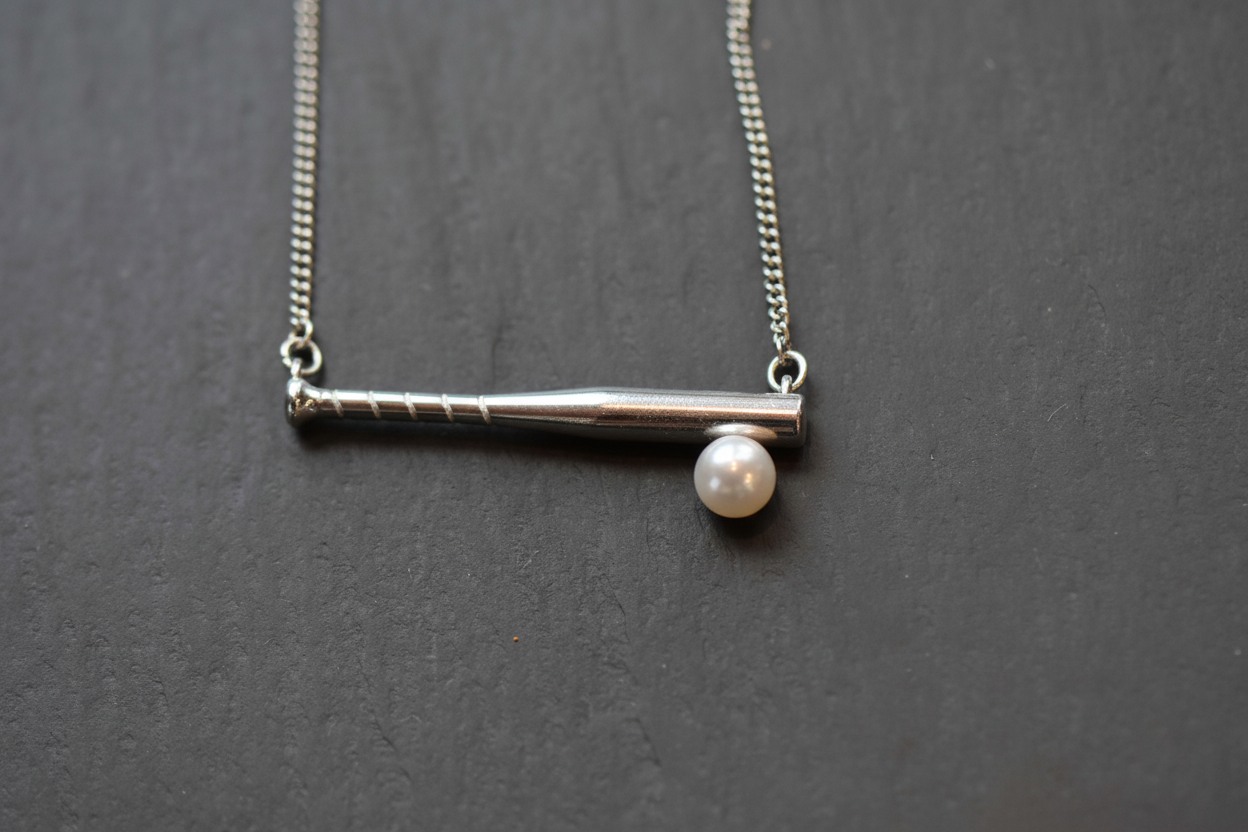 Baseball Bat Pendant with an Akoya Pearl in 14k Yellow Gold or Sterling Silver