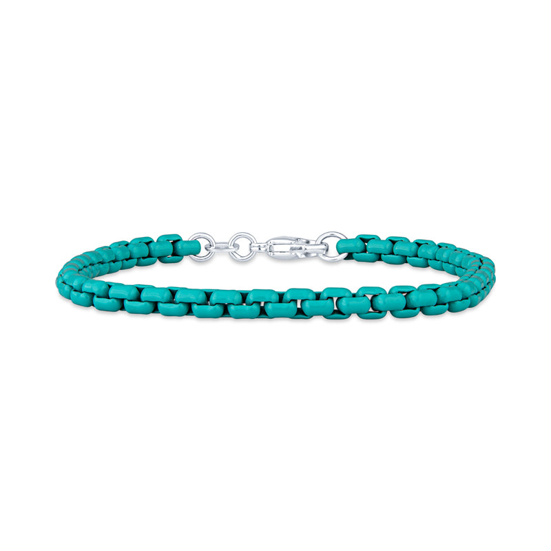 Turquoise Enameled Silver Rounded Box Chain Bracelet